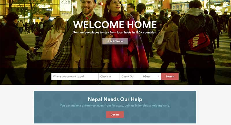 Airbnb's front page appeal for three NGOs helping in the wake of the Nepal earthquake