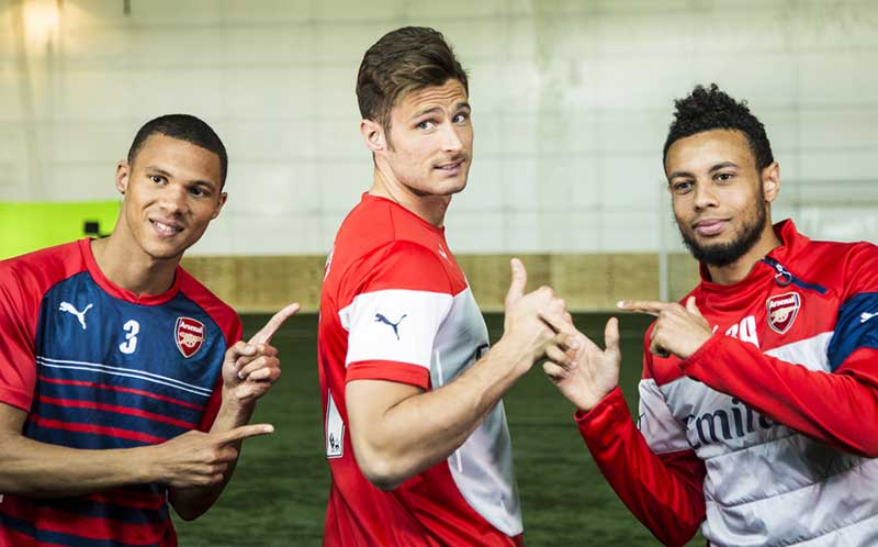 Arsenal players Kieran Gibbs, Olivier Giroud and Francis Coquelin announce that The Arsenal Foundation has raised £1million for Save the Children. Photo: Mike Chilton/Save the Children