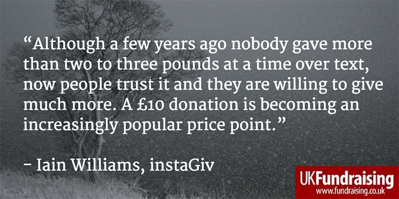 Quote from Iain Williams, instaGiv, on increasing donations by SMS