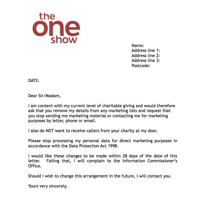 BBC's The One Show letter to stop charity marketing communications