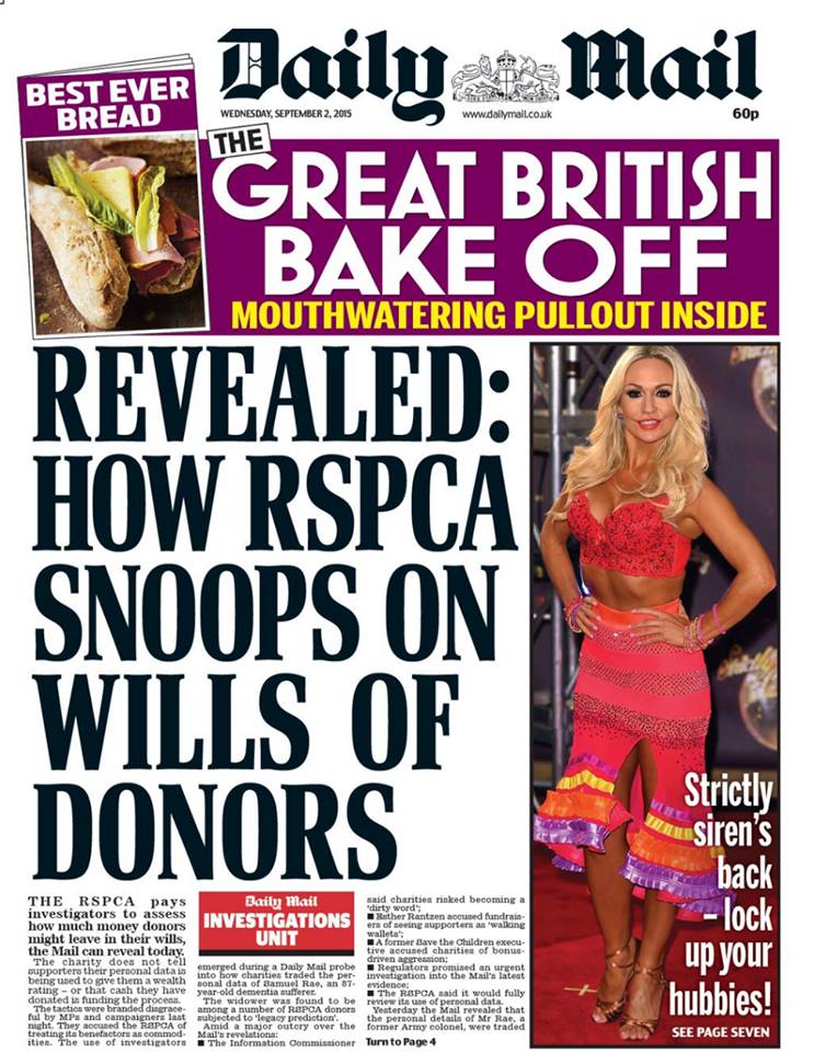 Daily Mail front page 2 September 2015 - 'Revealed: how RSPCA snoops on wills of donors'