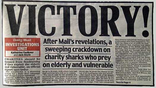 Daily Mail front page declares victory in campaign against 'charity sharks'