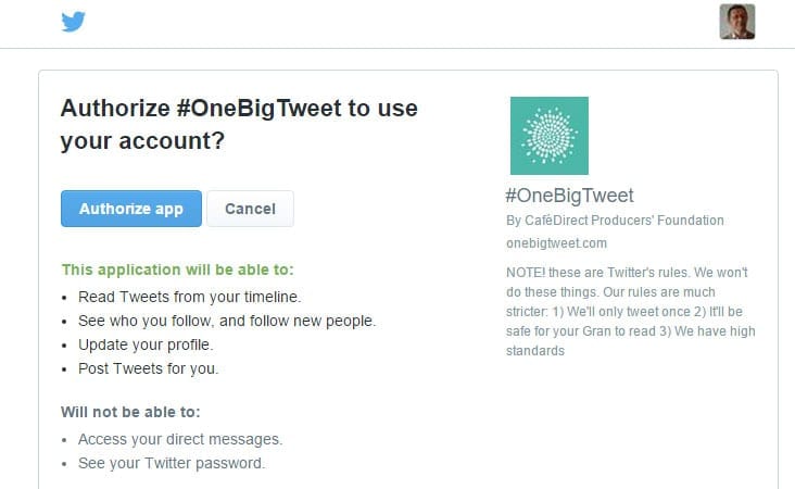 Authorising Twitter for OneBigTweet