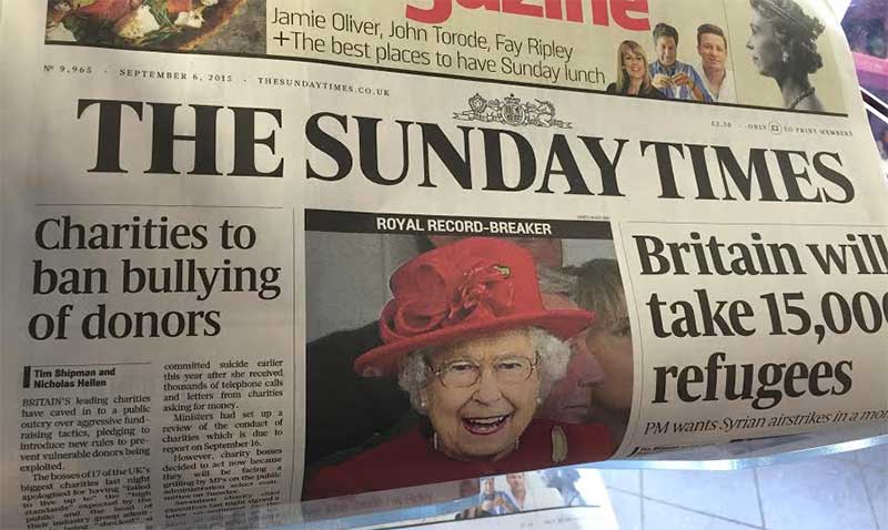 Front page of Sunday Times, 6 September 2015, 'charities to stop bullying of donors'