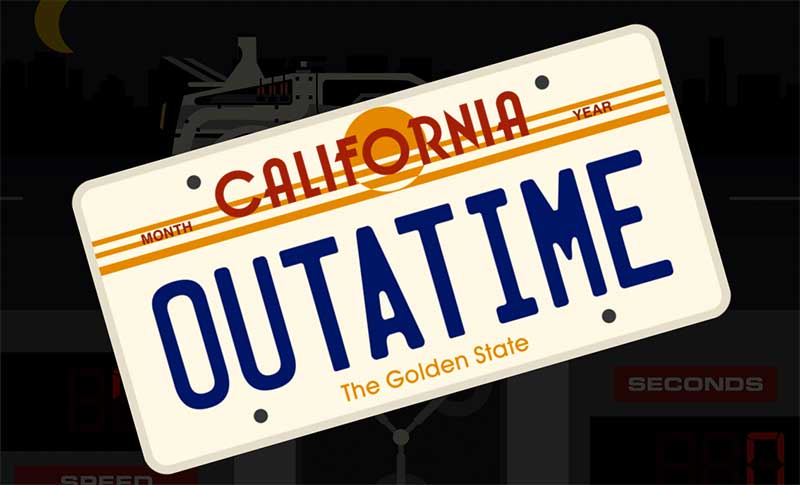 California license plate - 'Outatime' - Savvy's Back to the Future fundraising game