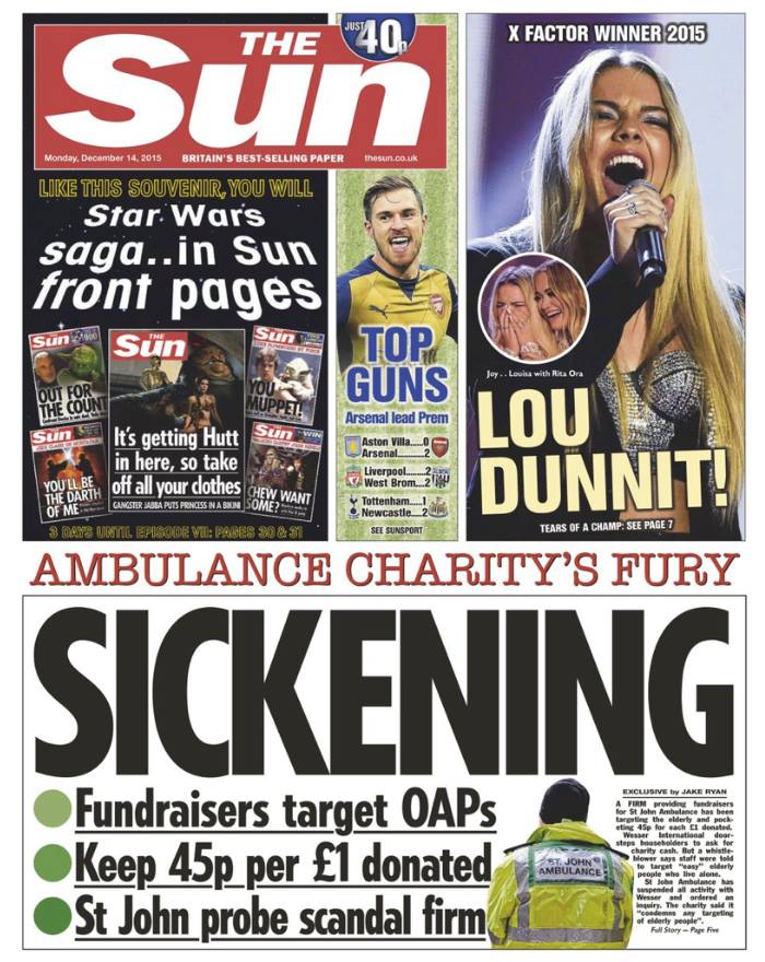 The Sun - Wesser International and St John Ambulance, front page 20151214