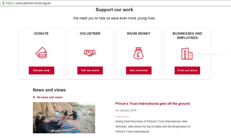 Prince's Trust website - highlighted for good UX